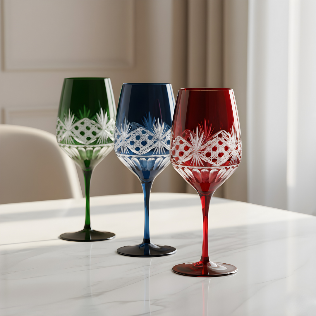 Victorian Cut Wine Stem Glasses - Set Of 2 - Margerie Crystal USA