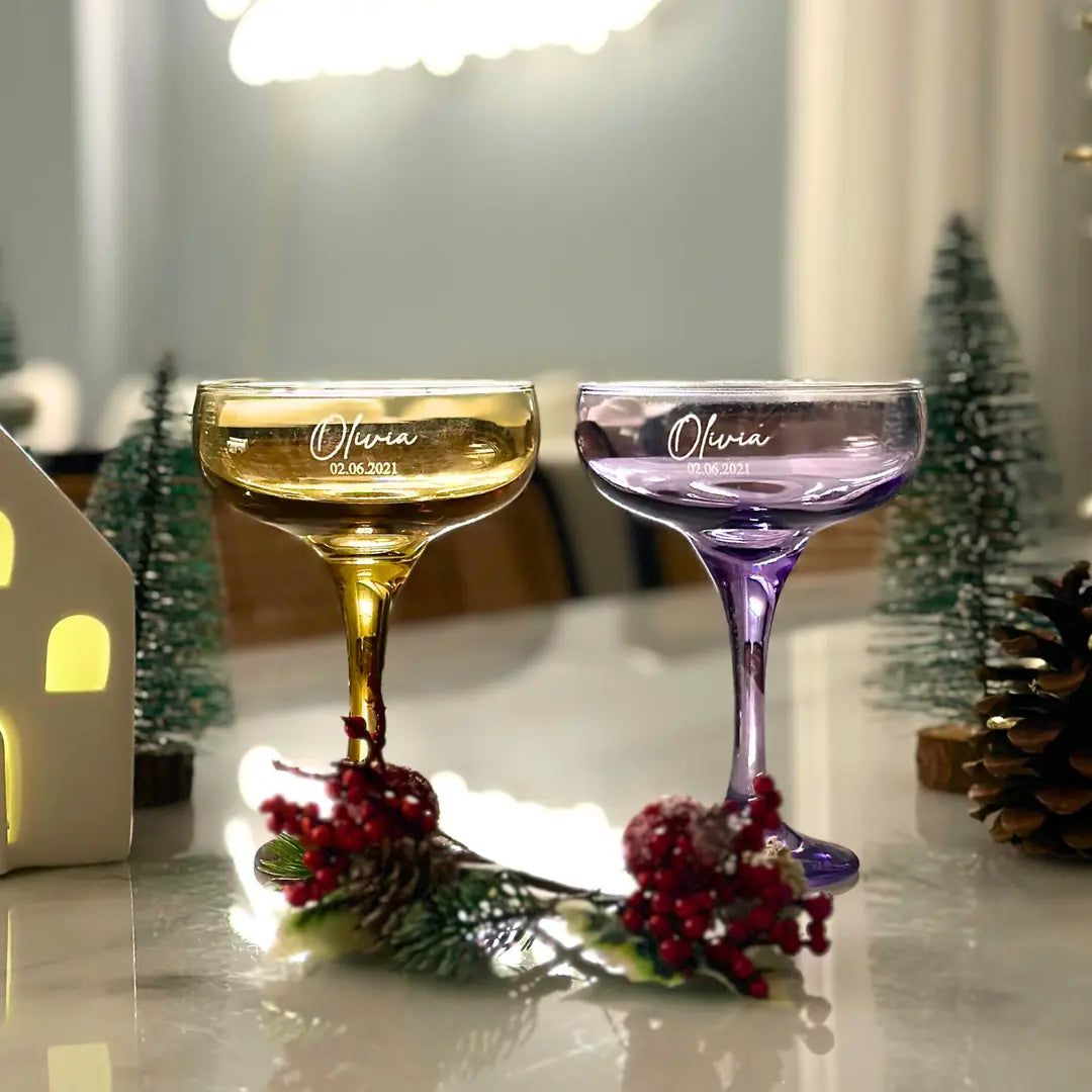 Personalized Colored Coupe Glasses - Set of 2 - Margerie Crystal USA