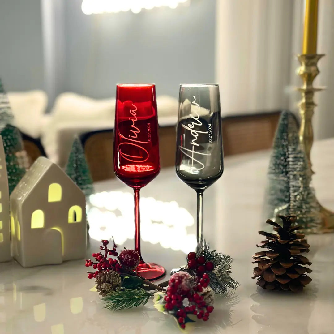 Personalized Colored Champagne Flutes - Set of 2 - Margerie Crystal USA