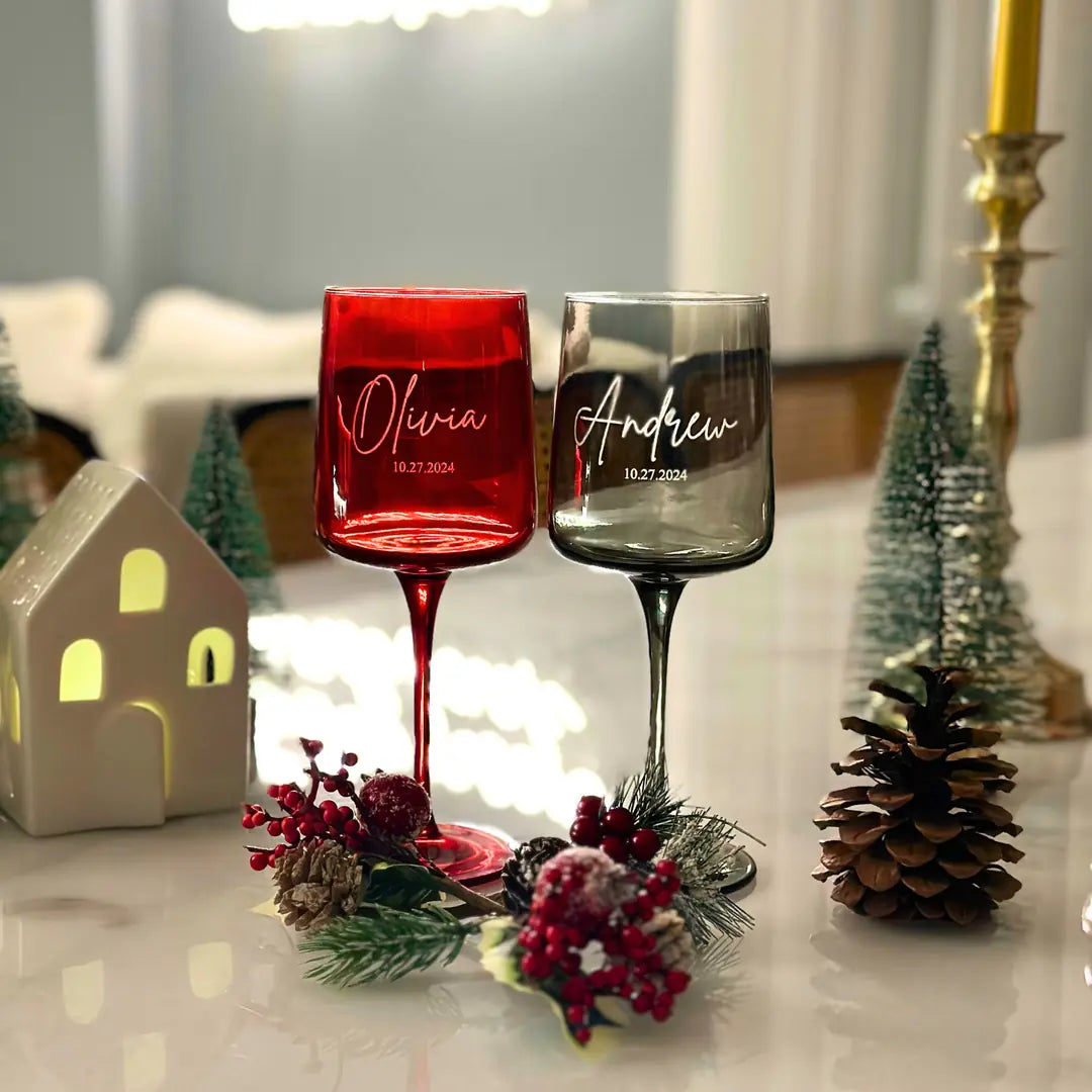 Personalized Colored Wine Glasses - Set of 2 - Margerie Crystal USA