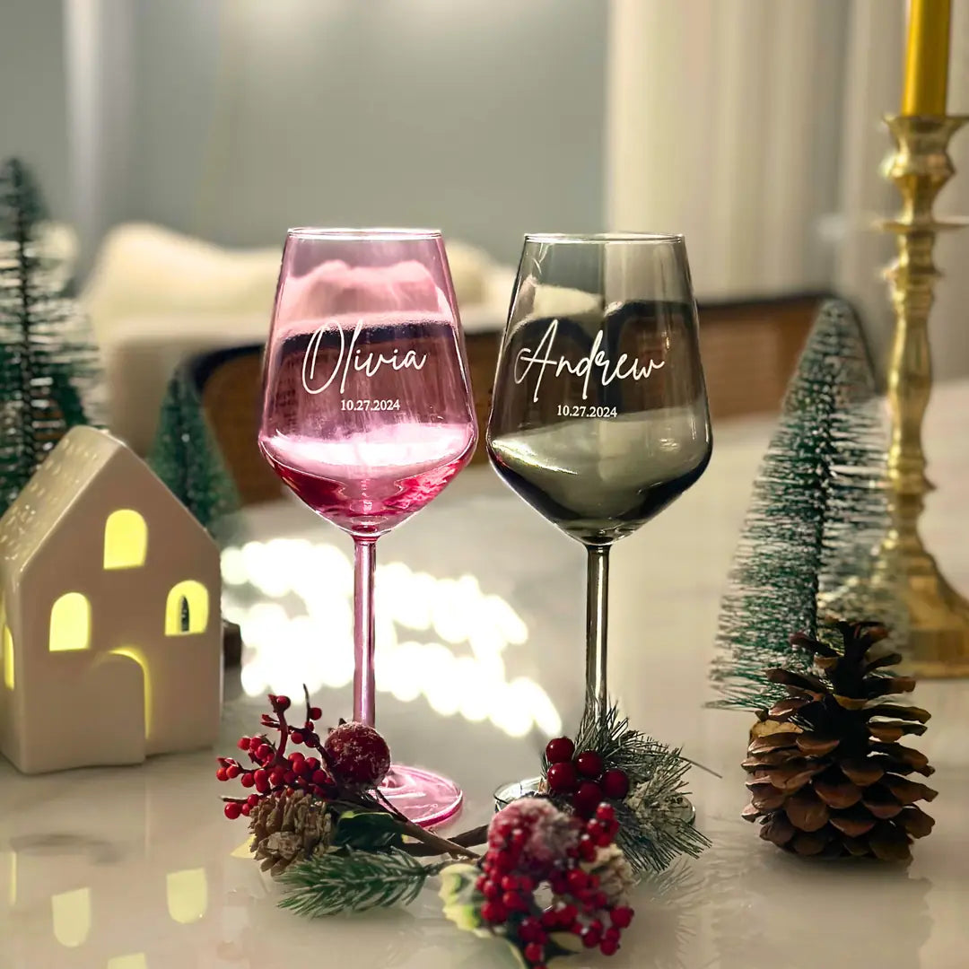 Personalized Colored Wine Glasses - Set of 2 - Margerie Crystal USA