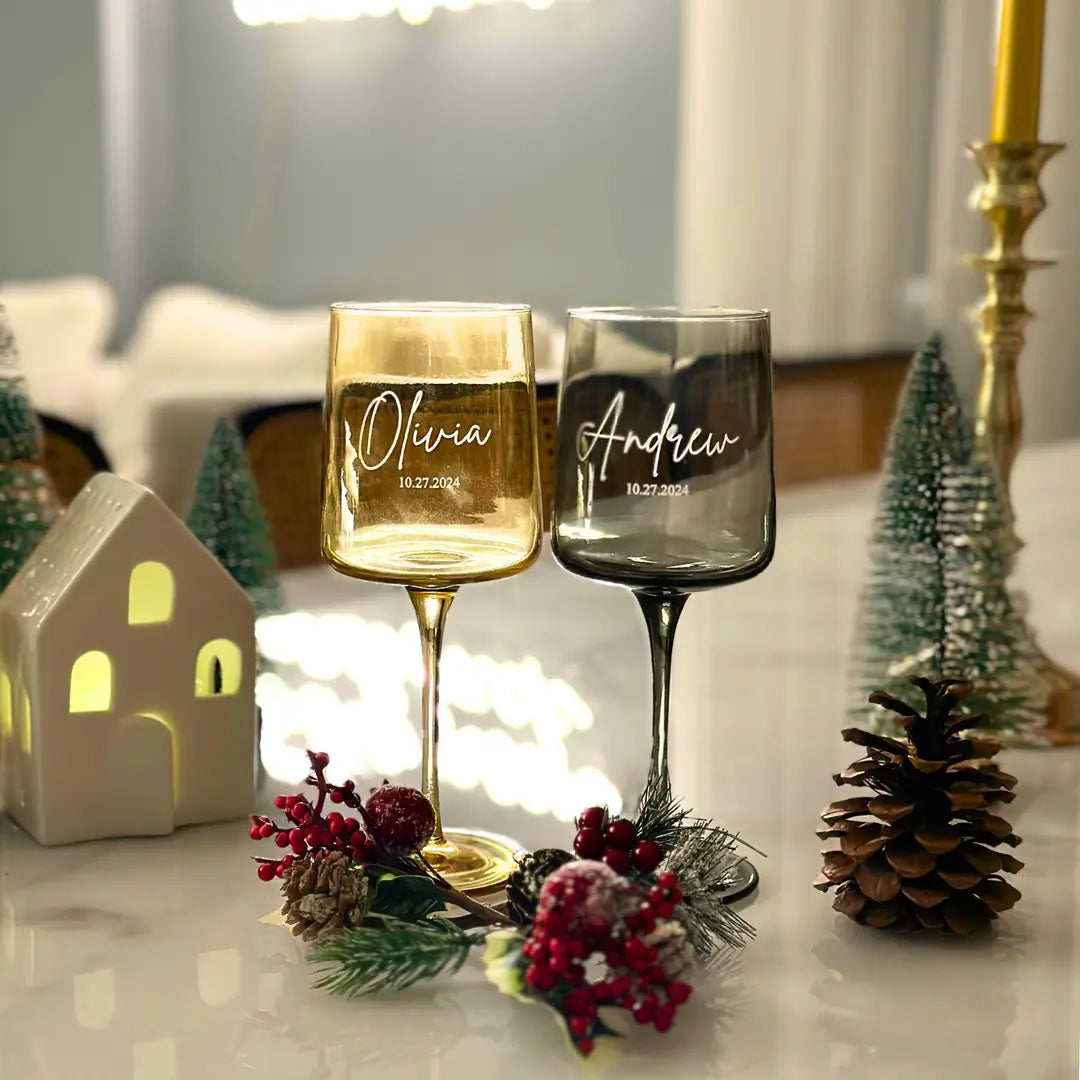 Personalized Colored Wine Glasses - Set of 2 - Margerie Crystal USA
