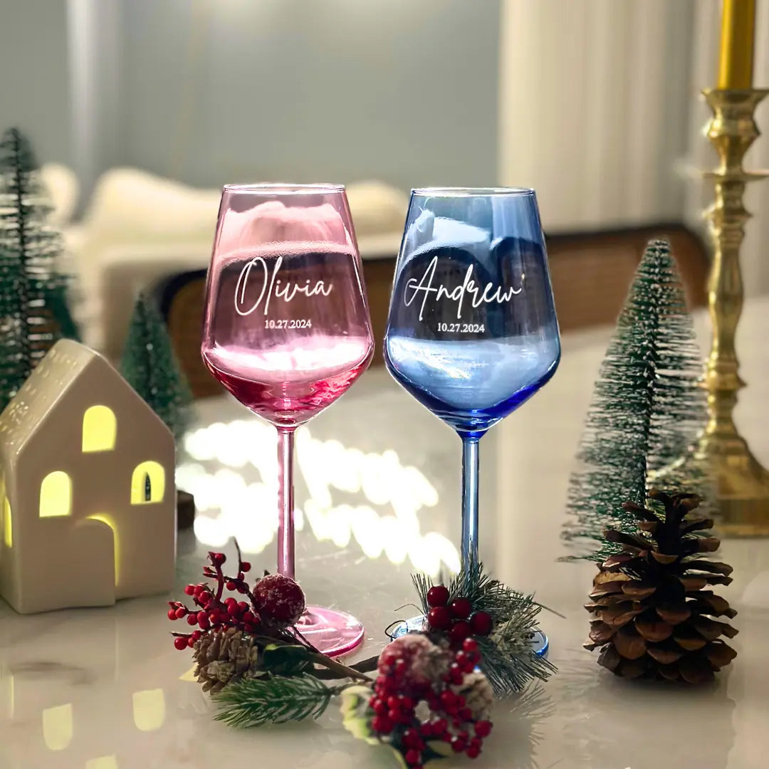 Personalized Colored Wine Glasses - Set of 2 - Margerie Crystal USA