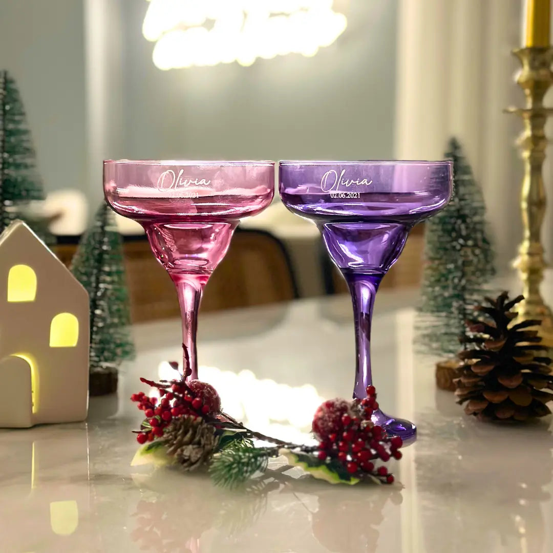 Personalized Colored Margarita Glasses - Set of 2 - Margerie Crystal USA