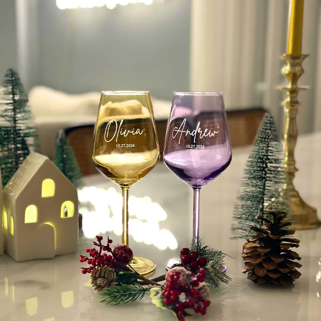 Personalized Colored Wine Glasses - Set of 2 - Margerie Crystal USA