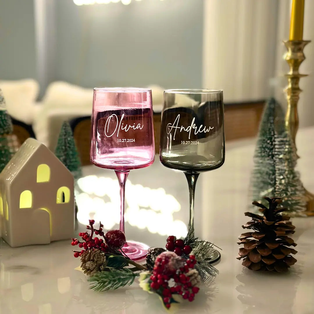 Personalized Colored Wine Glasses - Set of 2 - Margerie Crystal USA