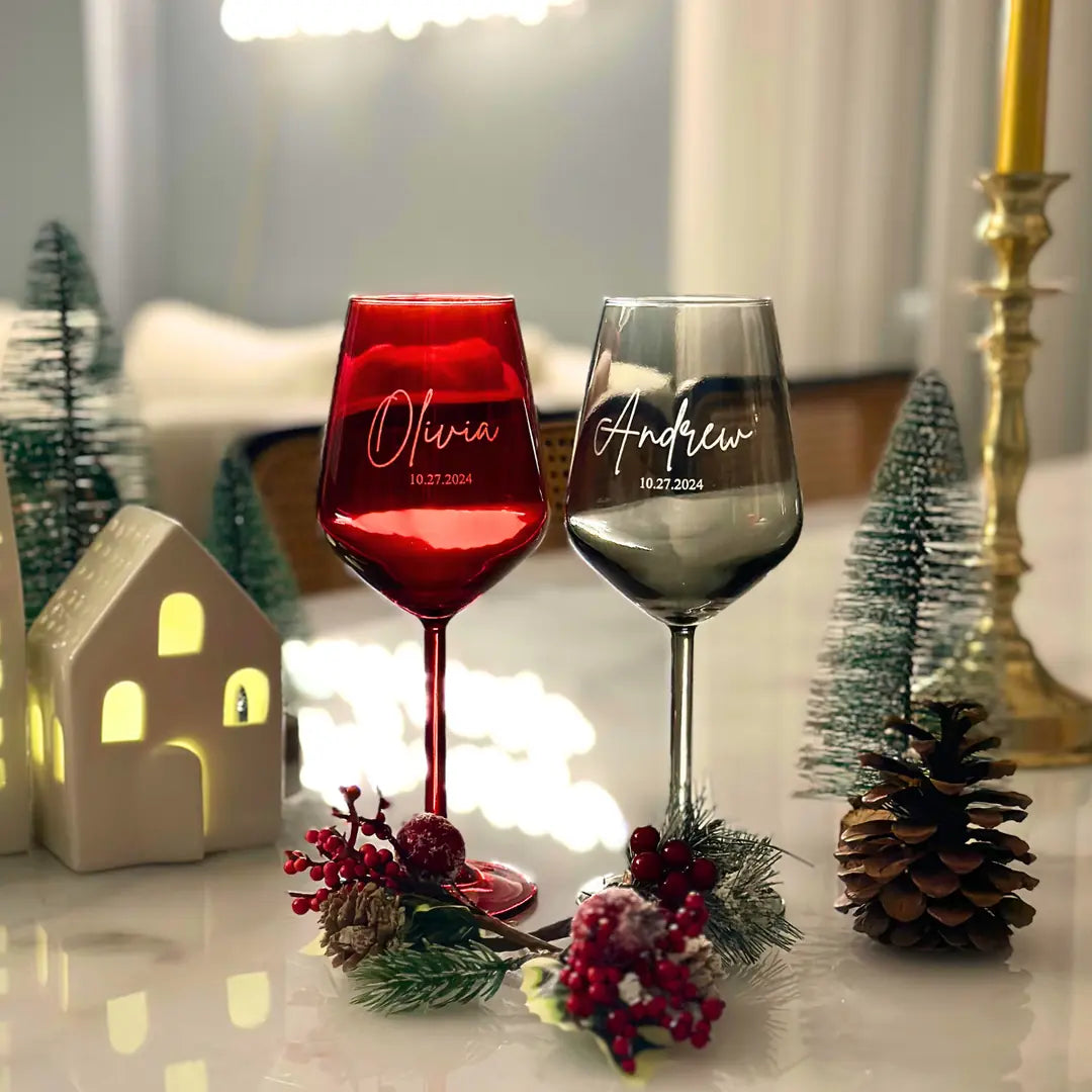 Personalized Colored Wine Glasses - Set of 2 - Margerie Crystal USA
