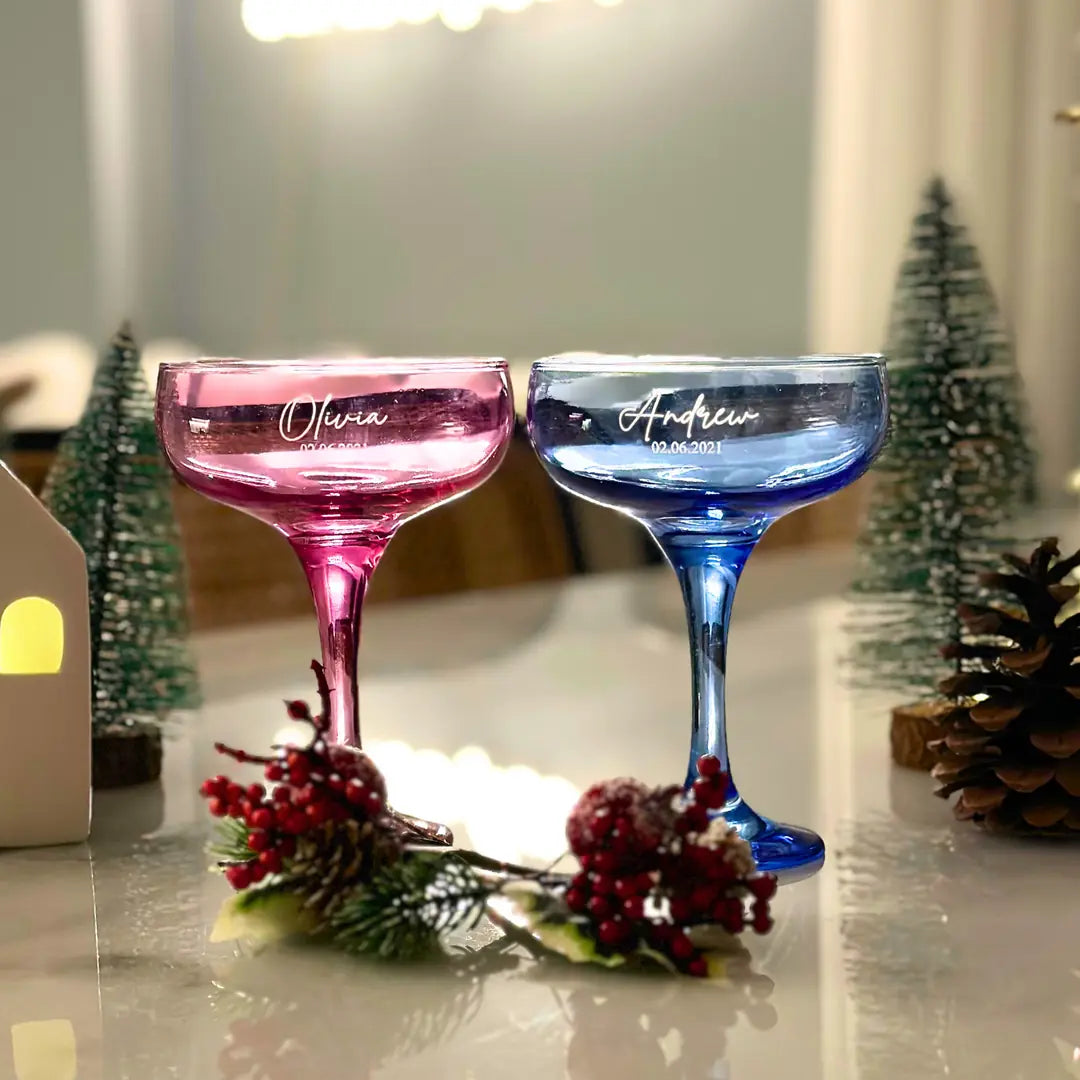 Personalized Colored Coupe Glasses - Set of 2 - Margerie Crystal USA