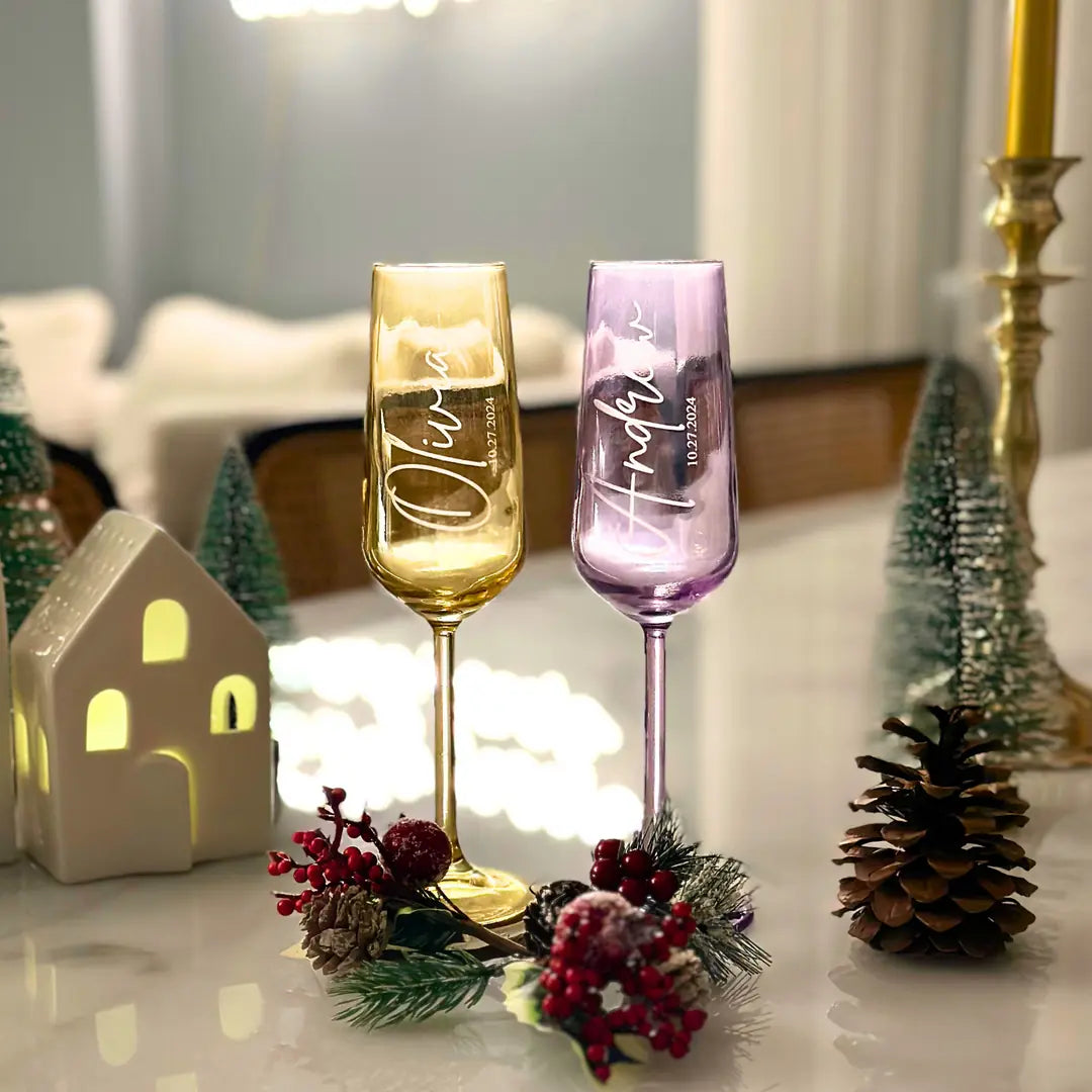 Personalized Colored Champagne Flutes - Set of 2 - Margerie Crystal USA