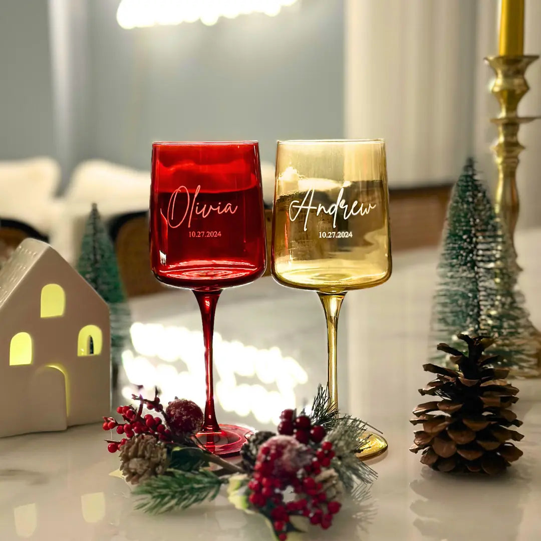 Personalized Colored Wine Glasses - Set of 2 - Margerie Crystal USA