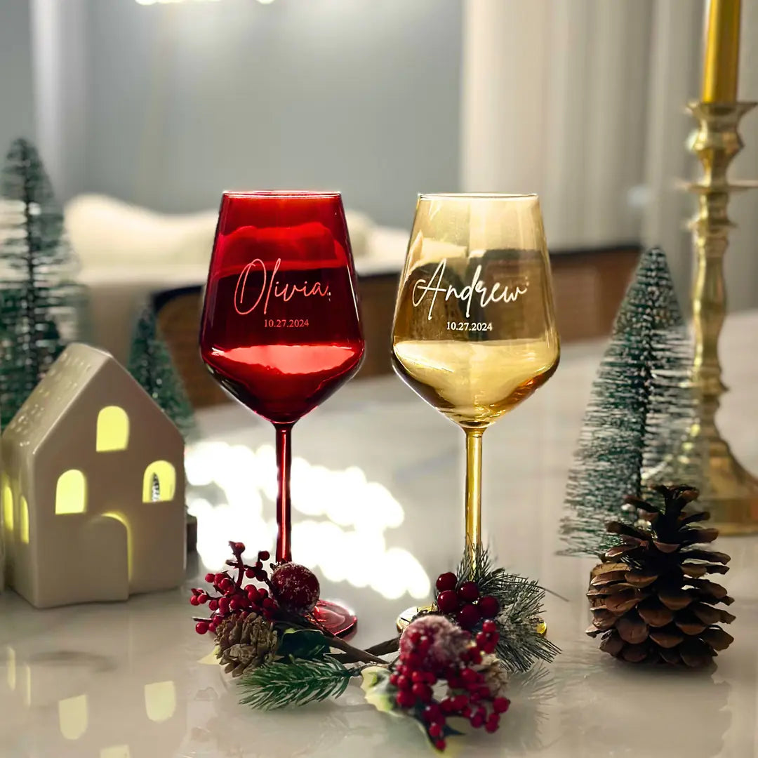 Personalized Colored Wine Glasses - Set of 2 - Margerie Crystal USA