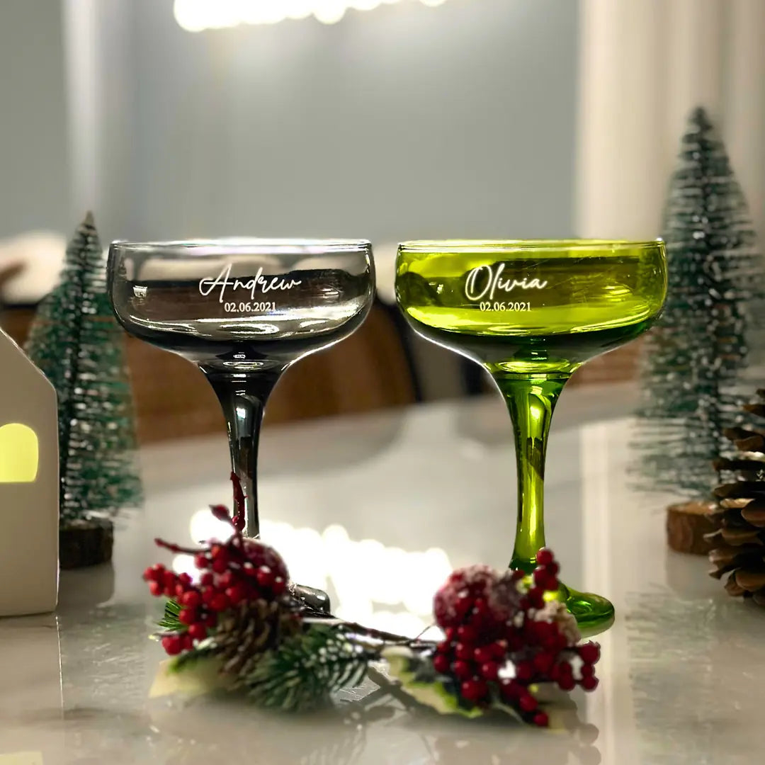 Personalized Colored Coupe Glasses - Set of 2 - Margerie Crystal USA
