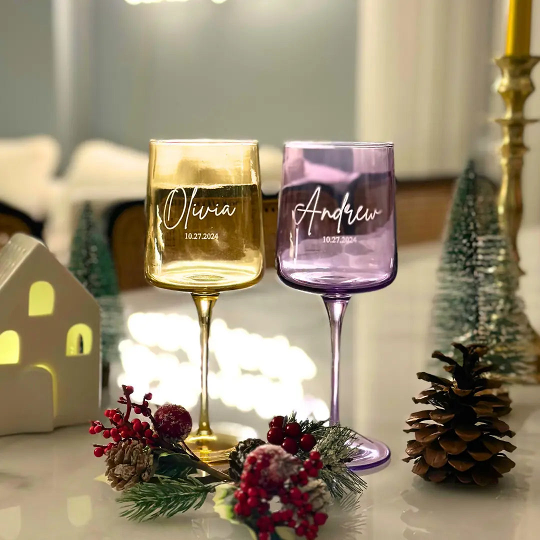 Personalized Colored Wine Glasses - Set of 2 - Margerie Crystal USA