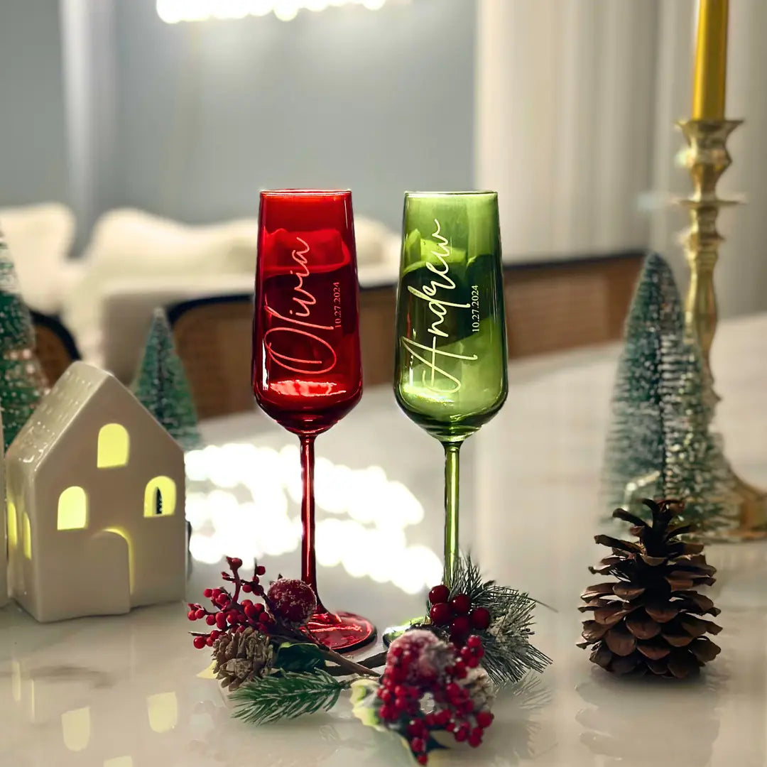 Personalized Colored Champagne Flutes - Set of 2 - Margerie Crystal USA