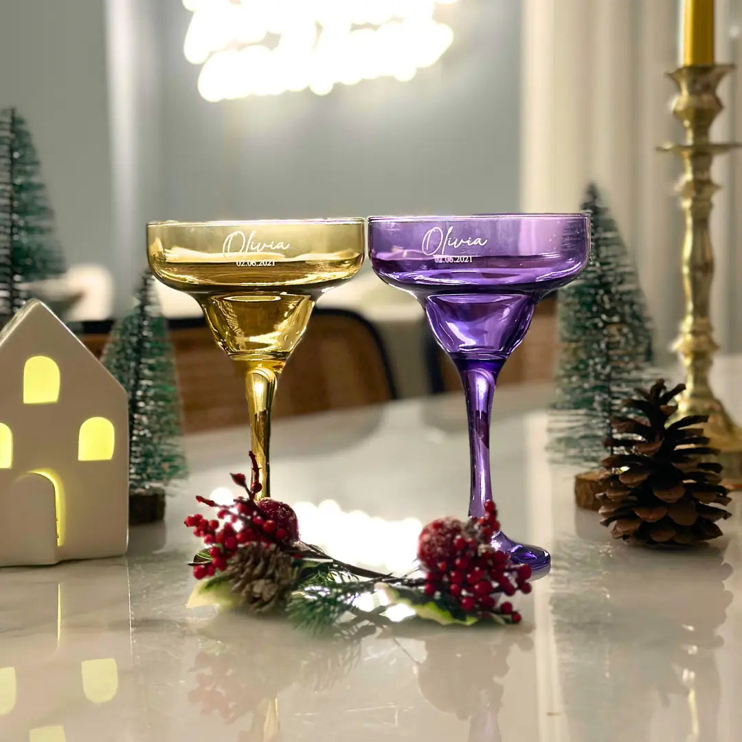 Personalized Colored Margarita Glasses - Set of 2 - Margerie Crystal USA