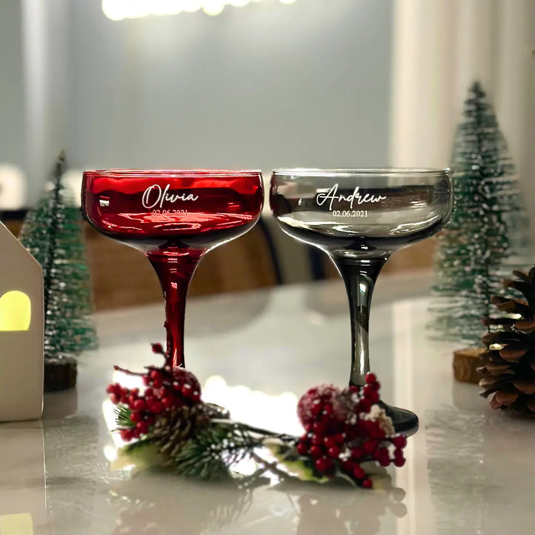 Personalized Colored Coupe Glasses - Set of 2 - Margerie Crystal USA