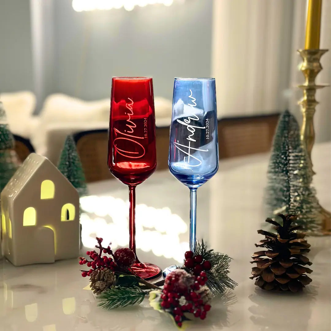 Personalized Colored Champagne Flutes - Set of 2 - Margerie Crystal USA