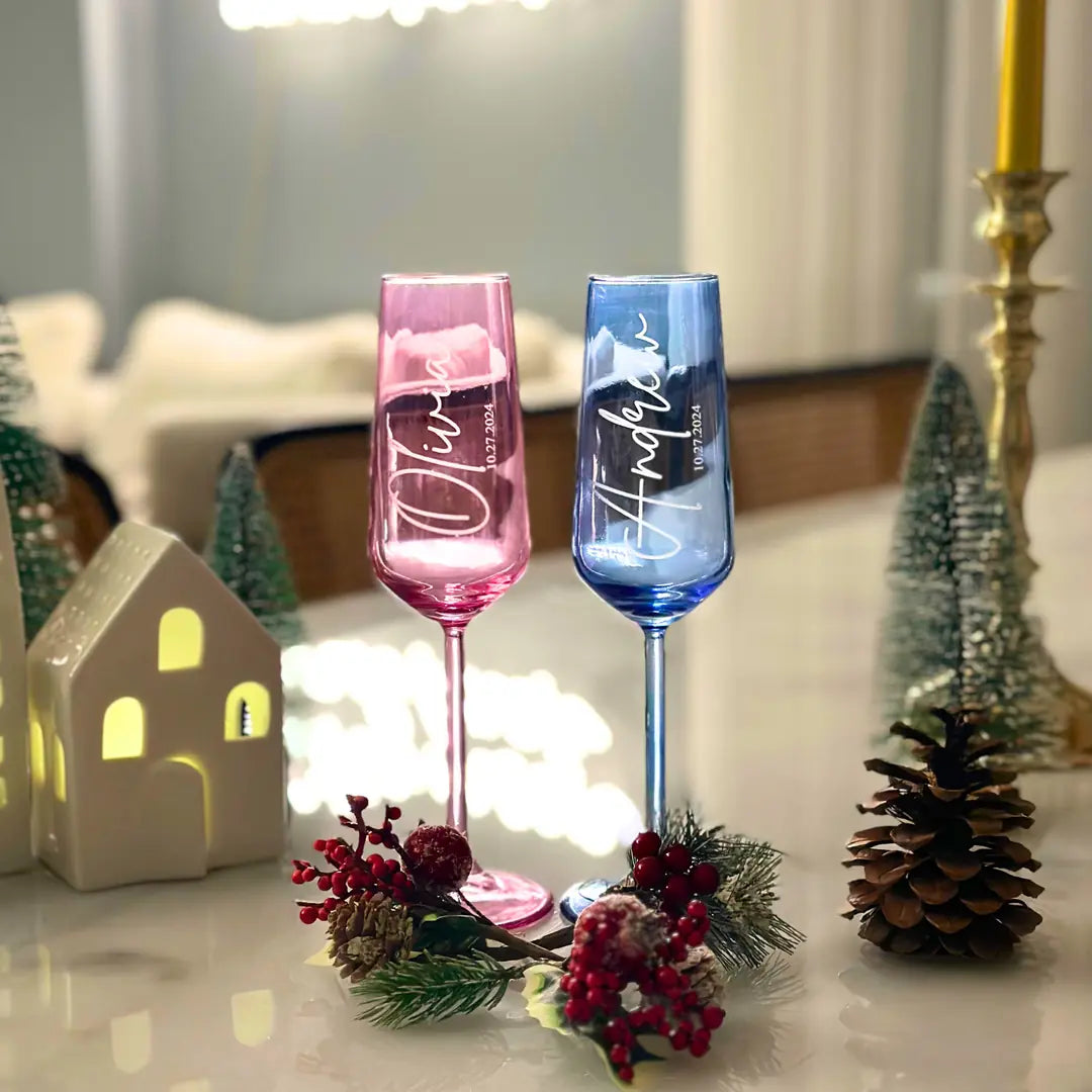 Personalized Colored Champagne Flutes - Set of 2 - Margerie Crystal USA