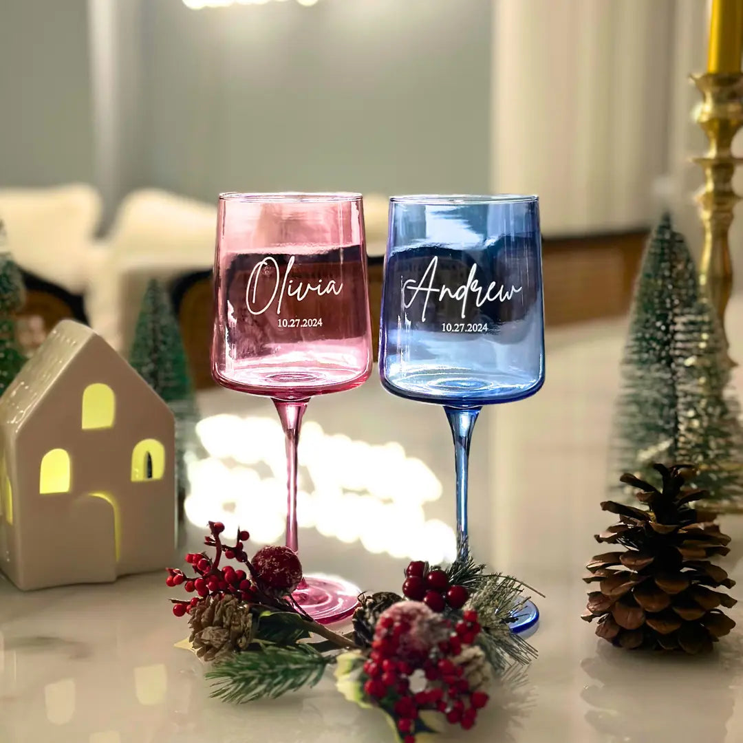 Personalized Colored Wine Glasses - Set of 2 - Margerie Crystal USA
