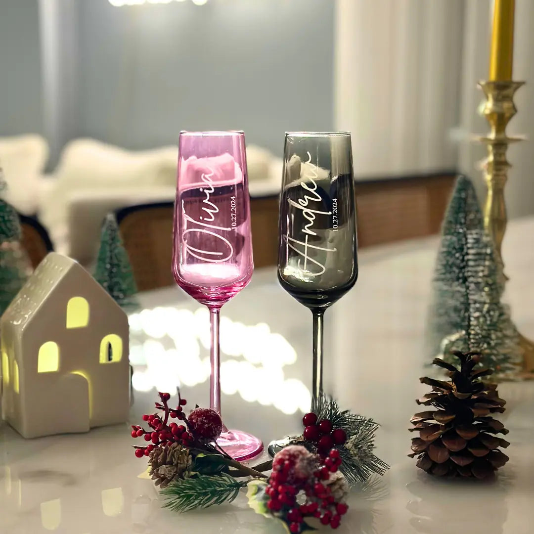 Personalized Colored Champagne Flutes - Set of 2 - Margerie Crystal USA