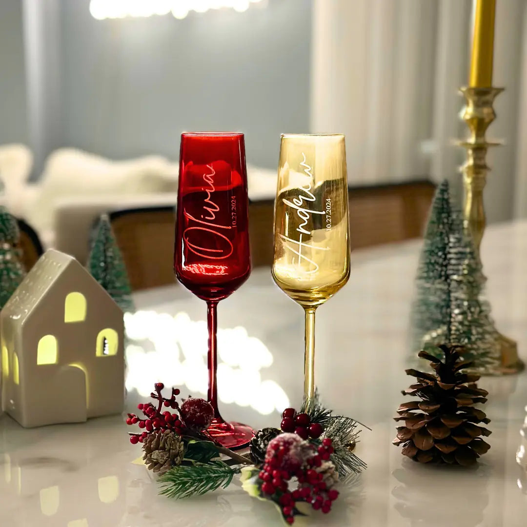 Personalized Colored Champagne Flutes - Set of 2 - Margerie Crystal USA