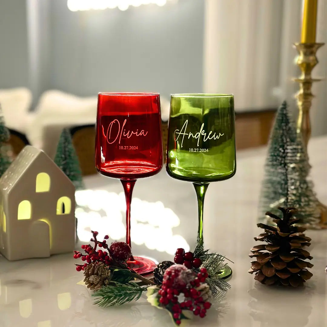 Personalized Colored Wine Glasses - Set of 2 - Margerie Crystal USA
